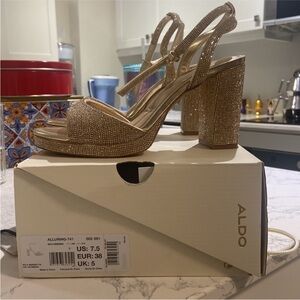 Aldo Gold Rhinestone Block Heel Platform Sandals